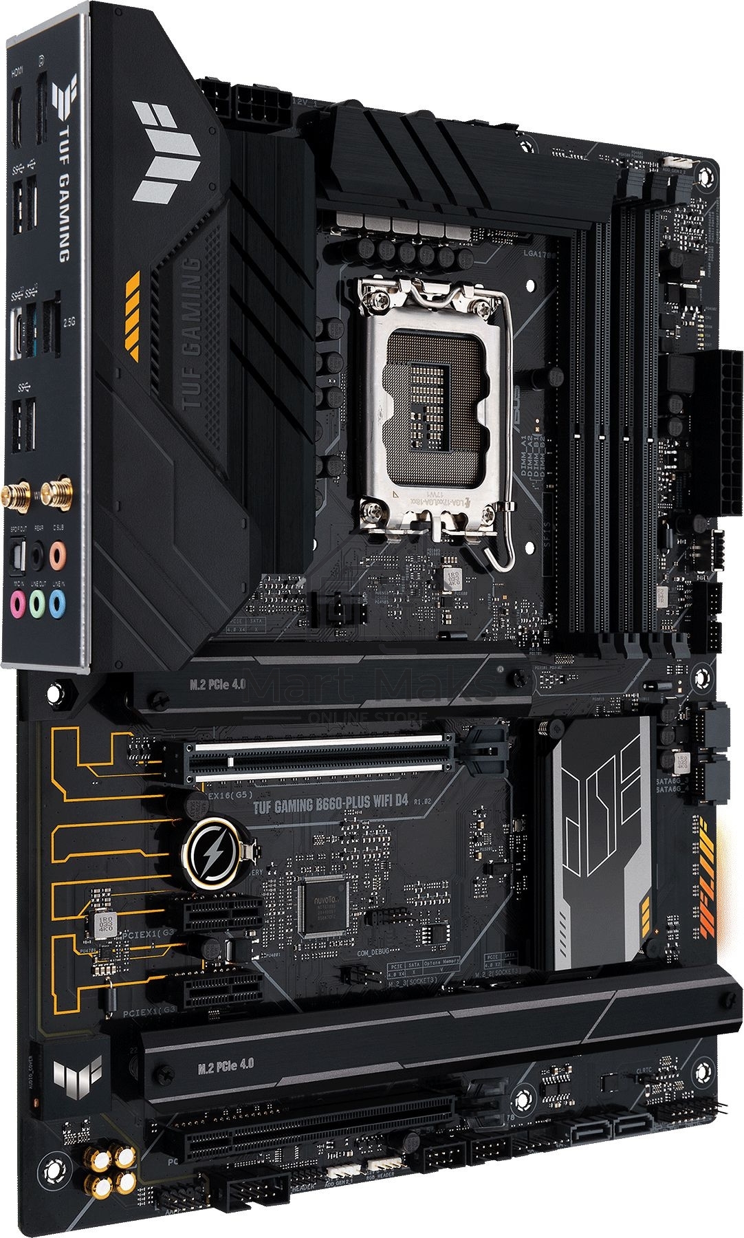 Материнская плата ASUS TUF GAMING B660-PLUS WIFI D4, LGA 1700, Intel B660, 4xDDR4, 4xSATA, 3xM.2, 1xPCI-E 5.0 x16, 1xPCI-E 3.0 x16 (x4), 1xHDMI, 1xDP, 1x 1Gb LAN, 3xUSB-A 3.2 Gen 1, 1xUSB-A 3.2 Gen 2, 2xUSB-A 2.0, 1xUSB-C 3.2 Gen 2x2, 3x3.5 мм, 7.1, ATX
