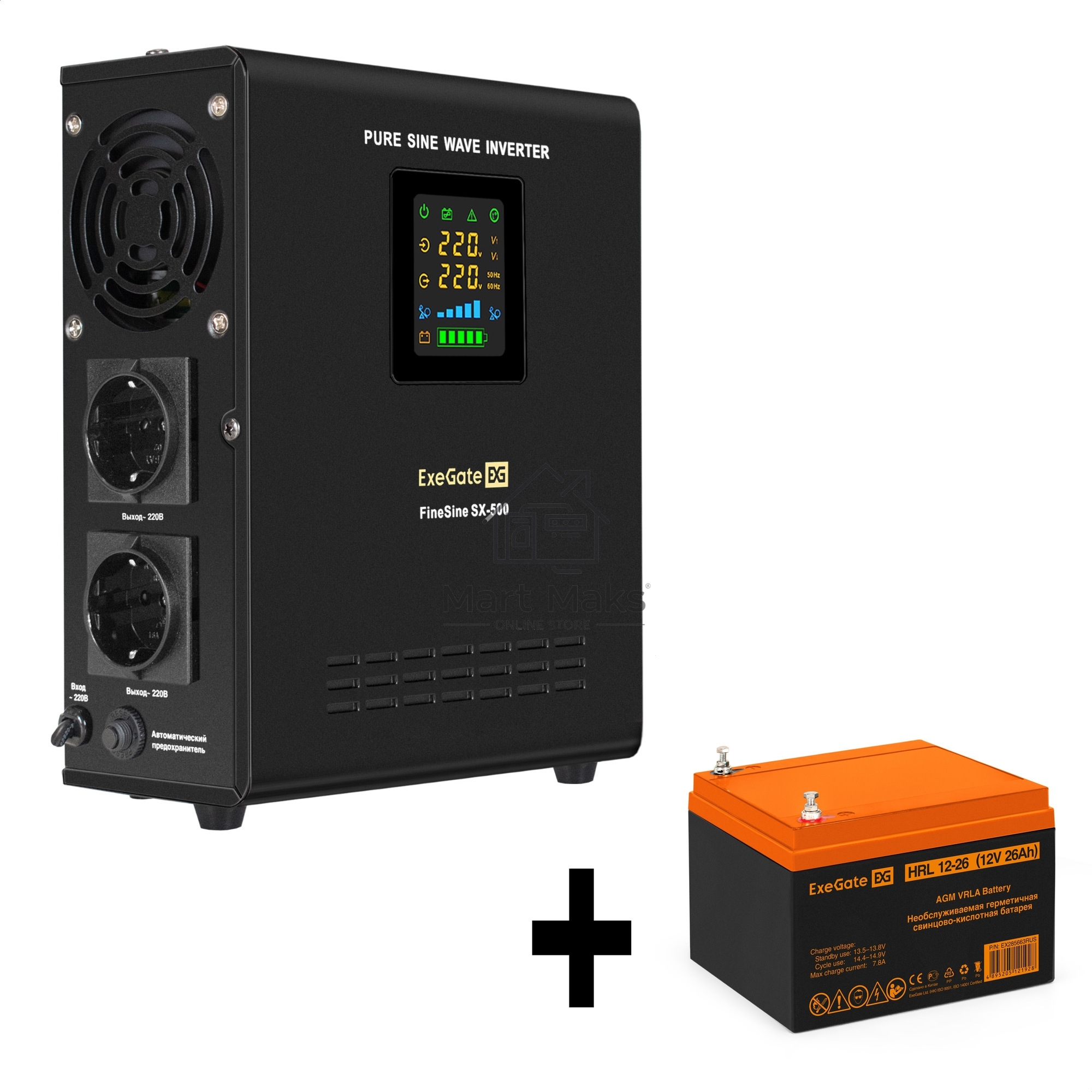 Комплект Источник бесперебойного питания EX295995RUS + батарея 26Aч EX285663RUS 1шт (инвертор, синус, для котла, настенный) ExeGate FineSine SX-500.LCD.AVR.2SH <500VA/300W, чистая синусоида, цветной LCD-дисплей, AVR, 2*Schuko, линейно-интерактивный, крепл