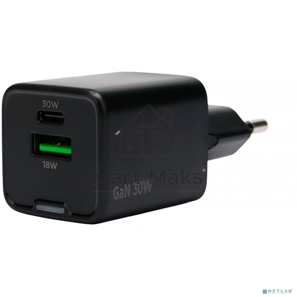 Зарядное устройство Cablexpert MP3A-PC-64, 30Вт GaN, 3А, QC4.0/PD, 1xUSB, 1xType-C, черный, пакет