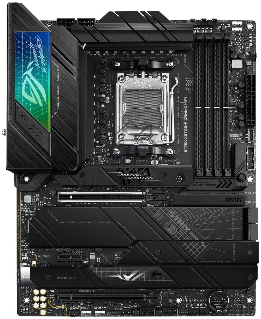 Материнская плата ASUS ROG STRIX X670E-F GAMING WIFI, AM5, AMD X670, 4xDDR5, 4xSATA, 4xM.2, 1xPCIe 5.0 x16, 1xPCIe 4.0 x4, 1xHDMI, 1xDP, 1x 2.5Gb LAN, 2xUSB-C 3.2 Gen 2, 2xUSB-C 3.2 Gen 2x2, 2xUSB-A 2.0, 7xUSB-A 3.2 Gen 2, 5x3.5 мм, 7.1, ATX