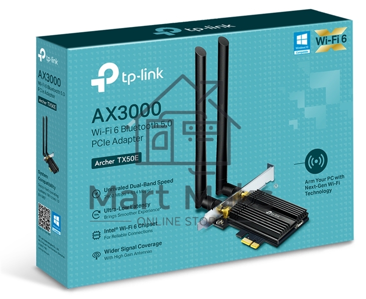 Адаптер 11AX 3000Mbps dual-band PCI-E adapter, 2402Mbps at 5G and 574Mbps at 2.4G, support Bluetooth 5.0, WPA2 encryption, two external Antennas.