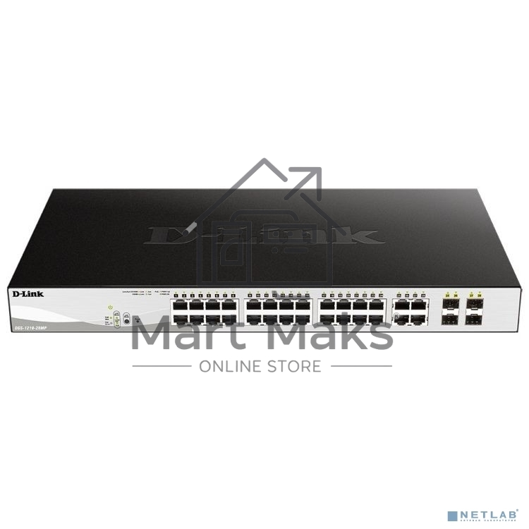 Настраиваемый L2 коммутатор D-Link DGS-1210-28MP/F3A с 24 портами 10/100/1000Base-T и 4 комбо-портами 100/1000Base-T/SFP (24 порта PoE 802.3af/at, PoE-бюджет 193 Вт)