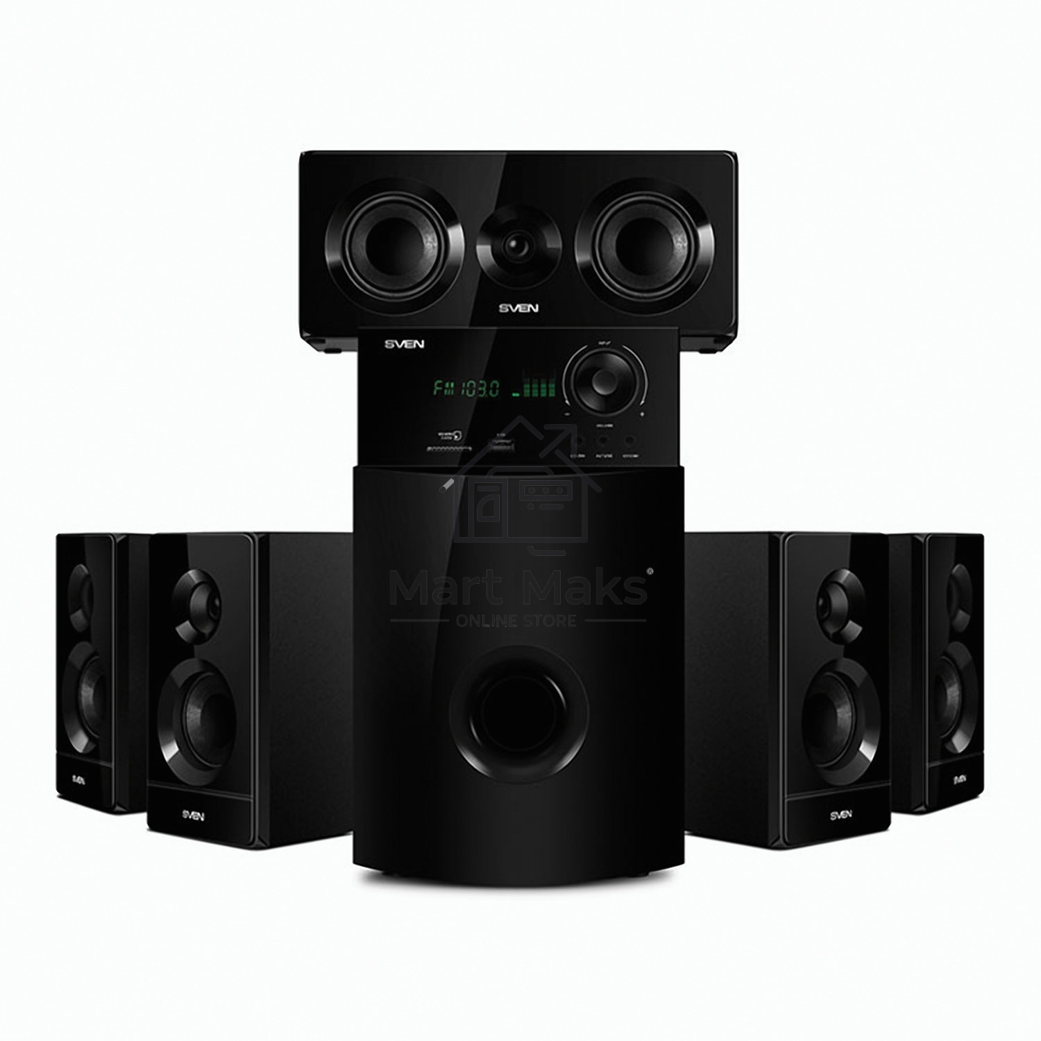 Аудиоколонки SVEN HT-210, черный, акустическая система 5.1, мощность (RMS):50Вт+5x15Вт, Bluetooth, Optical, Coaxial, FM-тюнер, USB/SD, дисплей, ПДУ