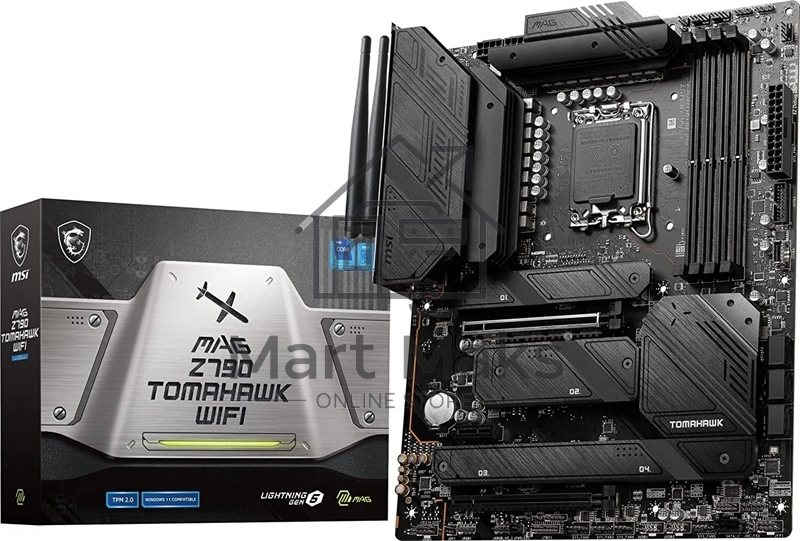 Материнская плата MSI MAG Z790 TOMAHAWK WIFI, LGA 1700, Intel Z790, 4xDDR5, 7xSATA, 4xM.2, 1xPCIe 4.0 x4, 1xPCIe 5.0 x16, 1xHDMI, 1xDP, 1x2.5Gb LAN, 4xUSB-A 3.2 Gen 1, 4xUSB-A 3.2 Gen 2, 1xUSB-C 3.2 Gen 2, 1xUSB-C 3.2 Gen 2x2, 5x3.5 мм, 7.1, Standard-ATX