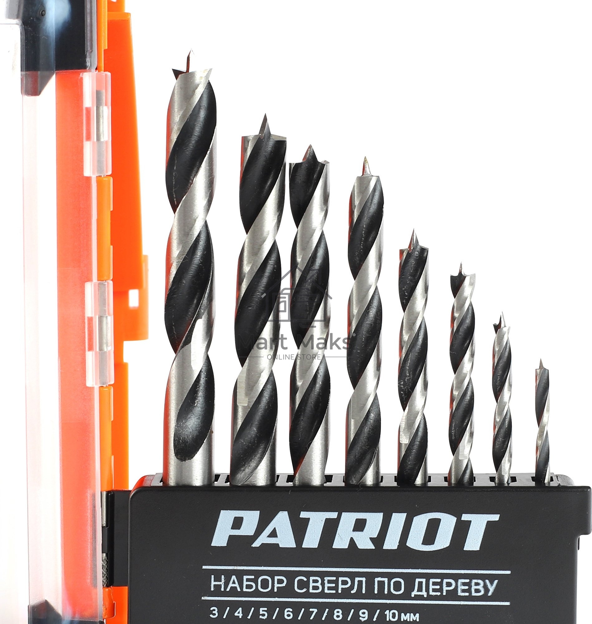 Набор сверл по дереву PATRIOT спиральные, W-образная заточка, 8 шт: 3, 4, 5, 6, 7, 8, 9, 10мм, в пластиковом боксе