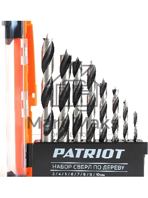 Набор сверл по дереву PATRIOT спиральные, W-образная заточка, 8 шт: 3, 4, 5, 6, 7, 8, 9, 10мм, в пластиковом боксе
