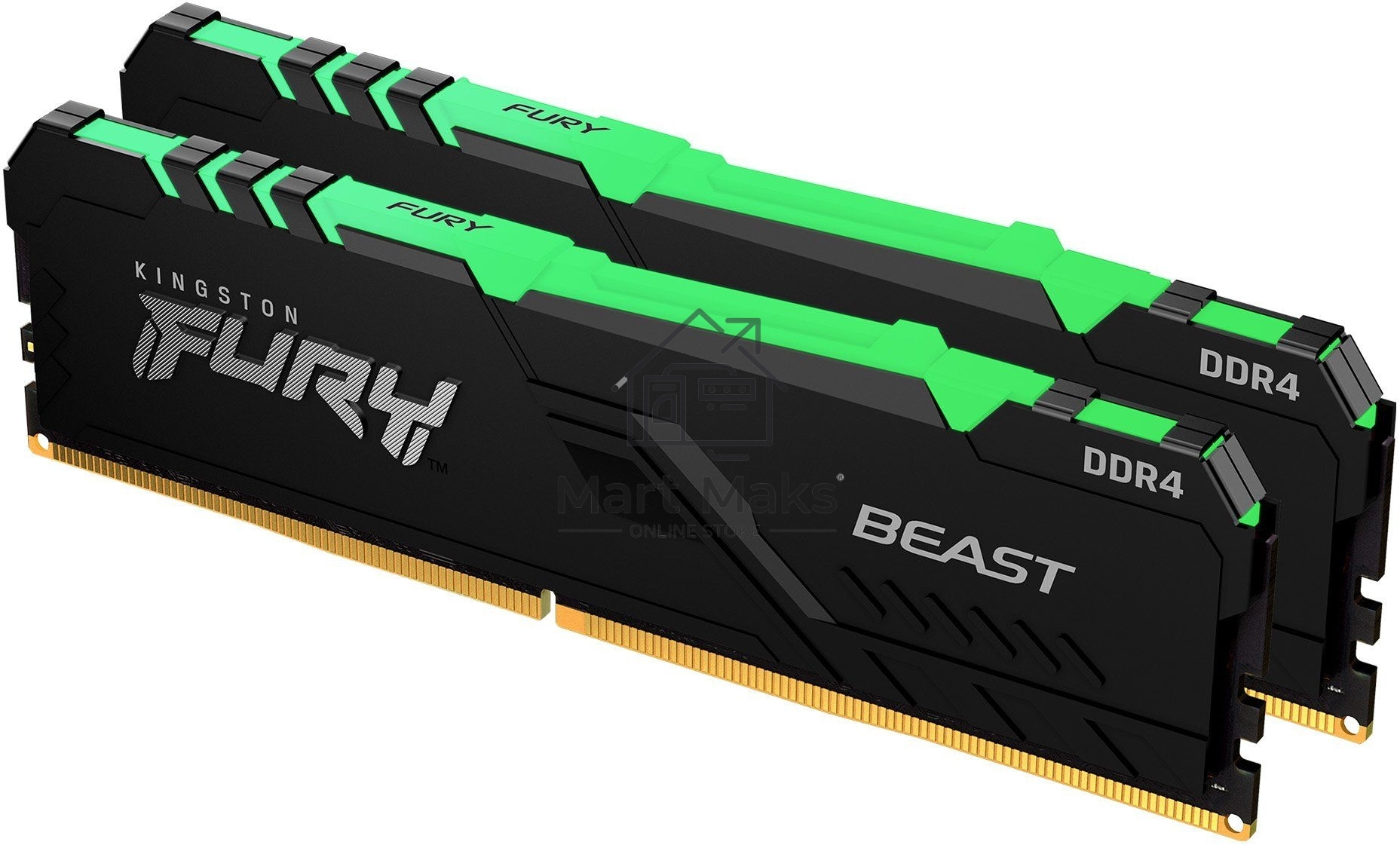 Оперативная память Kingston Fury Beast, DDR4, 32GB (2x16GB), 3200MHz, CL16, DIMM, с радиатором, RGB, черный