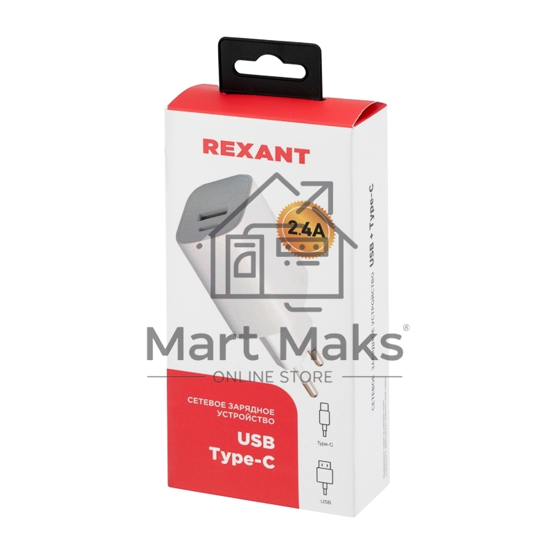 Сетевое зарядное устройство Rexant USB + Type-C, 5V, 2.4 A, белое
