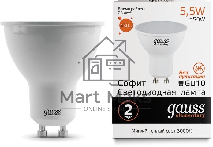 Лампа светодиодная Gauss Elementary MR16 5.5Вт цок.:GU10 спот 220B 3000K св.свеч.бел.теп. (упак.:10шт) (13616)