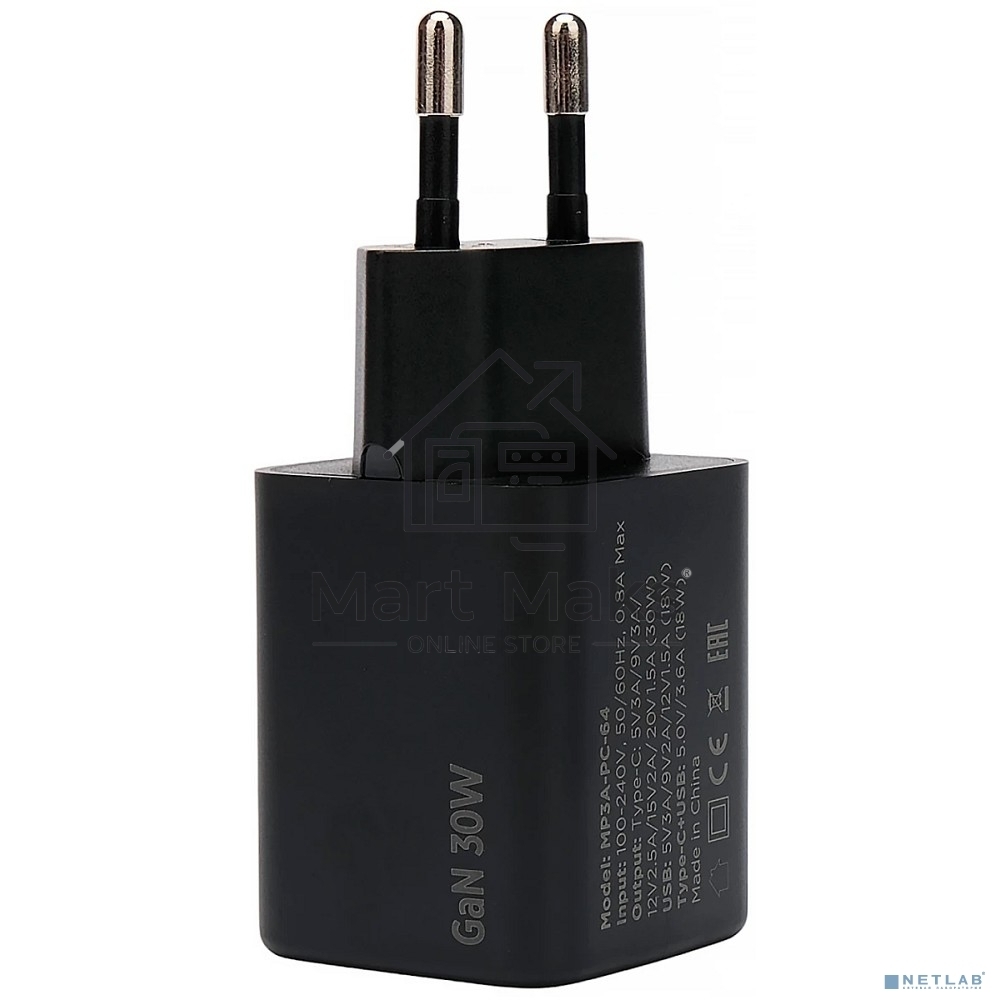 Зарядное устройство Cablexpert MP3A-PC-64, 30Вт GaN, 3А, QC4.0/PD, 1xUSB, 1xType-C, черный, пакет