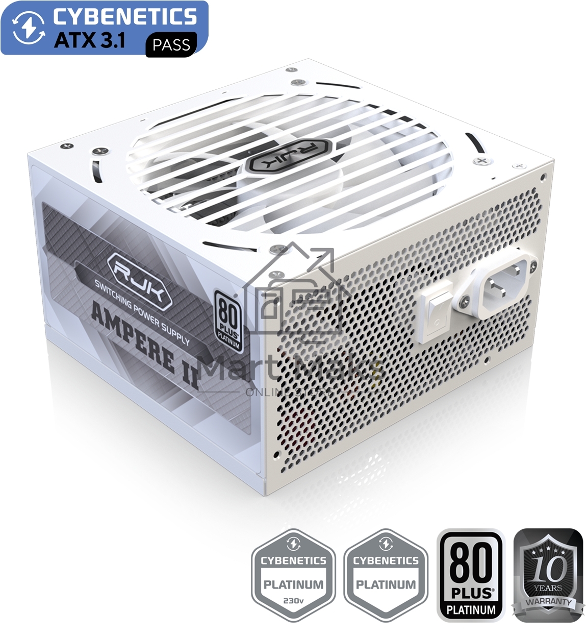 Блок питания Raijintek AMPERE II 1000, 1000W 80+ Platinum (ATX, 3.1, PCIe 5.1, Full-modular, 1x24(20+4)pin, 2x4+4-pin CPU, 3x6+2-pin PCIe, 1x12V(2x6), 10xSATA3, 5xMolex, Active, 120x120mm, 150x140x86mm, APFC, white)