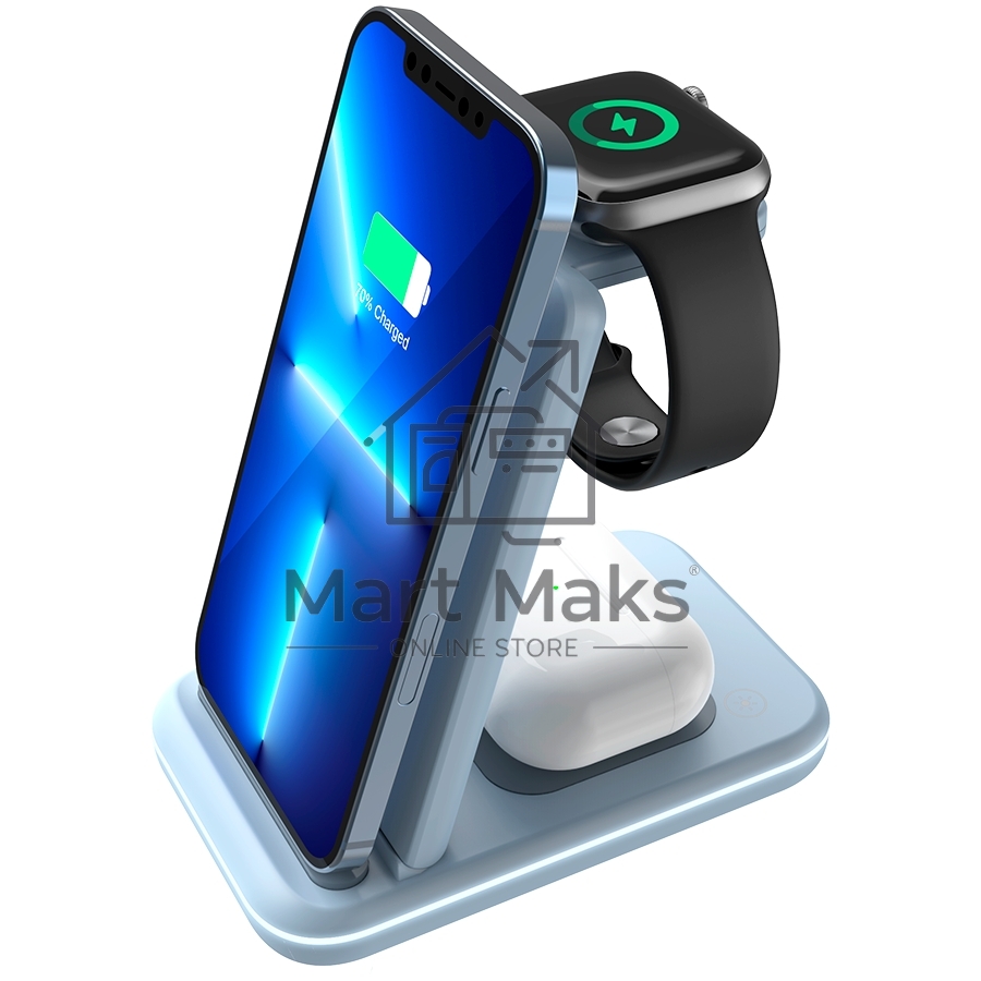 Беспроводное зарядное устройство CANYON WS-304, Foldable  3in1 Wireless charger, with touch button for Running water light, Input 9V/2A,  12V/1.5AOutput 15W/10W/7.5W/5W, Type c to USB-A cable length 1.2m, with QC18W EU plug,132.51*75*28.58mm, 0.168Kg,Blue