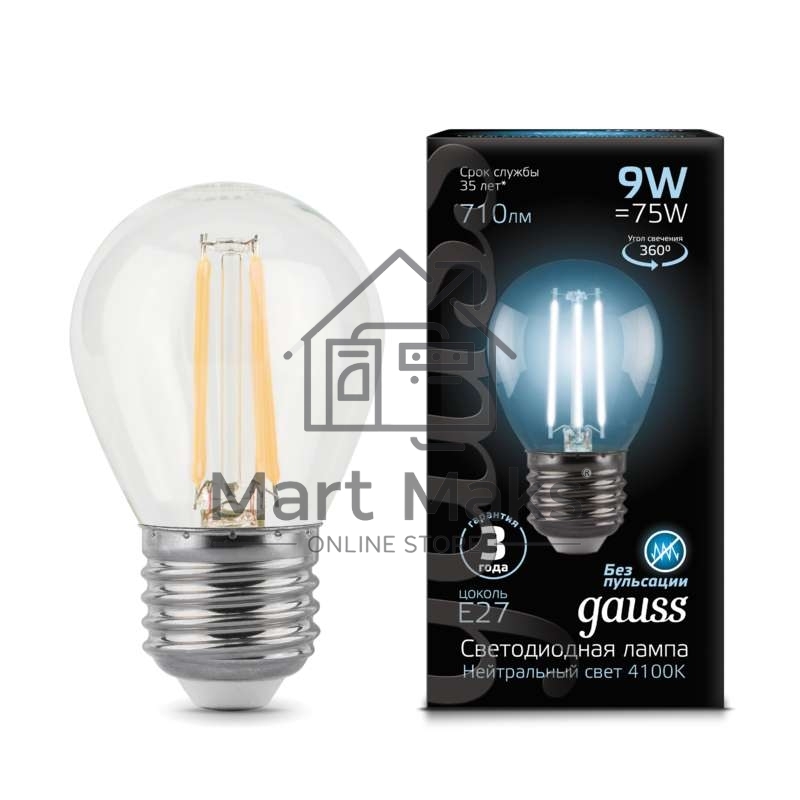 Лампа светодиодная Filament Шар E27 9Вт 4100К GAUSS 105802209