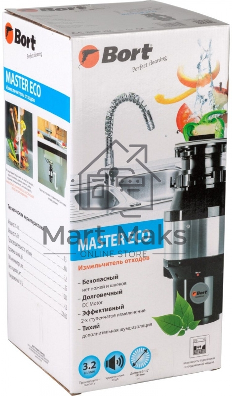 Измельчитель пищевых отходов Bort MASTER ECO (91275752) Число ступеней измельчения 2 ; Система шумоизоляции Да ; Мощность 390 Вт; Объем камеры 1000 мл; Материал камеры Металл ; Система защиты от перегрузки и заклинивания; Скорость холостого хода 2600 об/м
