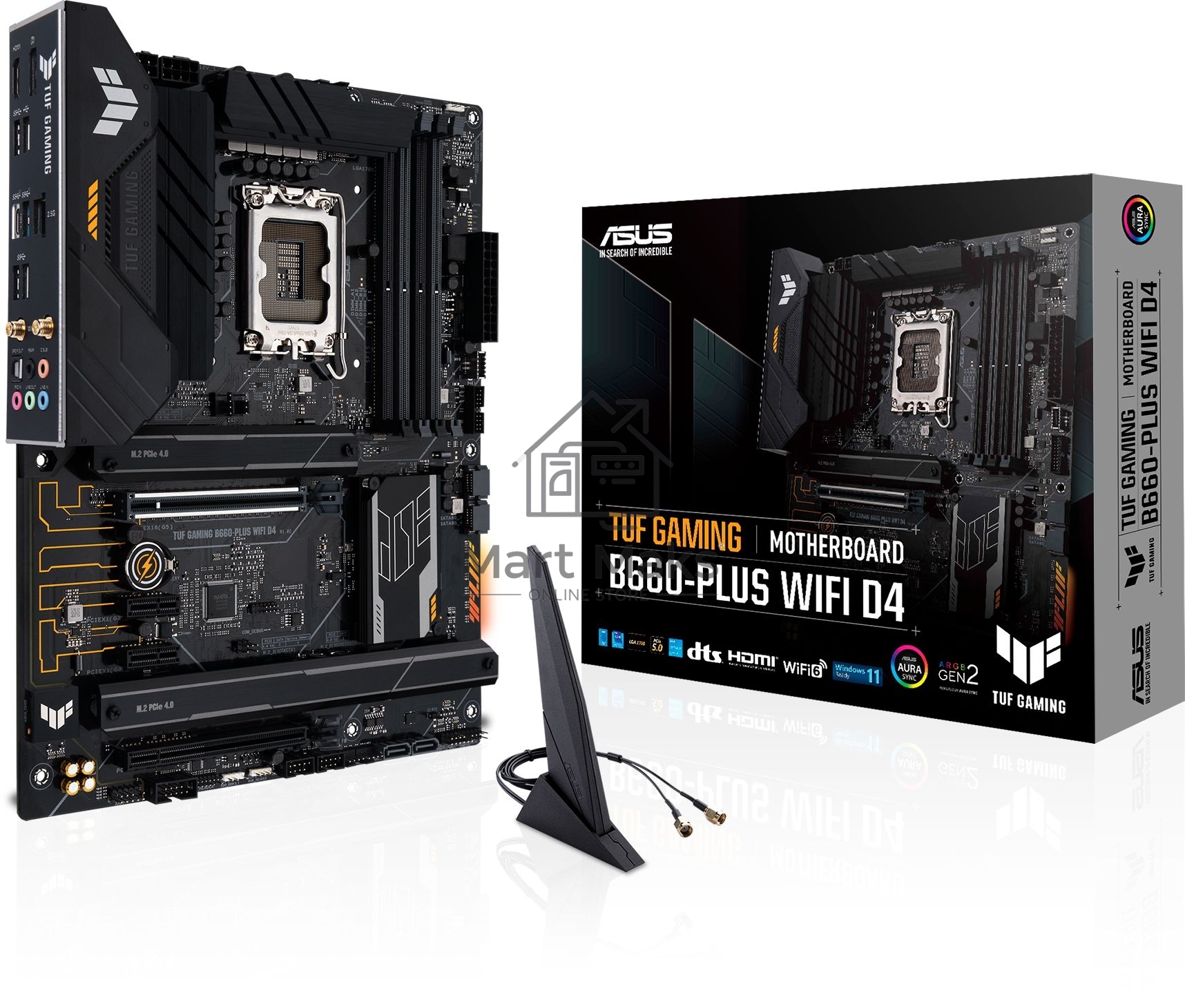 Материнская плата ASUS TUF GAMING B660-PLUS WIFI D4, LGA 1700, Intel B660, 4xDDR4, 4xSATA, 3xM.2, 1xPCI-E 5.0 x16, 1xPCI-E 3.0 x16 (x4), 1xHDMI, 1xDP, 1x 1Gb LAN, 3xUSB-A 3.2 Gen 1, 1xUSB-A 3.2 Gen 2, 2xUSB-A 2.0, 1xUSB-C 3.2 Gen 2x2, 3x3.5 мм, 7.1, ATX