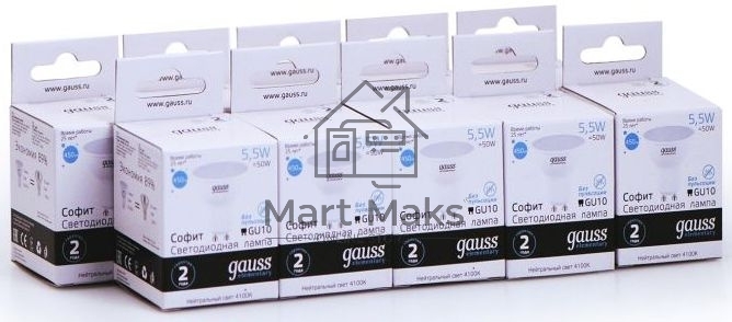 Лампа светодиодная Gauss Elementary MR16 5.5Вт цок.:GU10 спот 220B 4100K св.свеч.бел.нейт. (упак.:10шт) (13626)