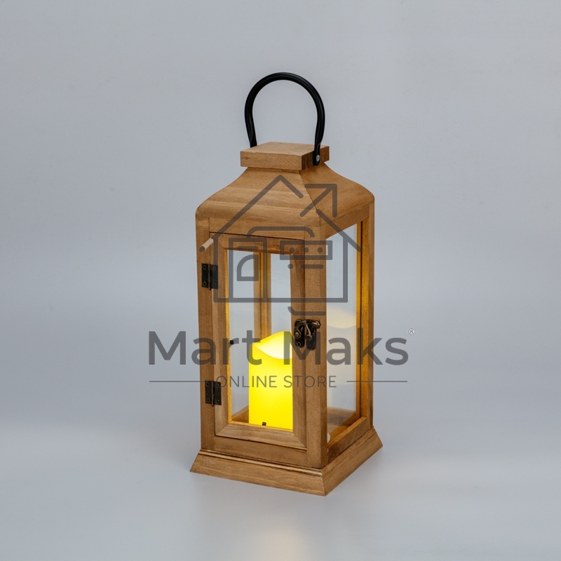 Фонарь декоративный со свечкой Neon-night, корпус из дерева, коричневый, 15х15х38cм, теплый белый