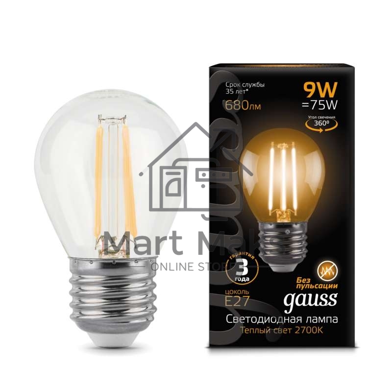 Лампа светодиодная Filament Шар E27 9Вт 2700К GAUSS 105802109