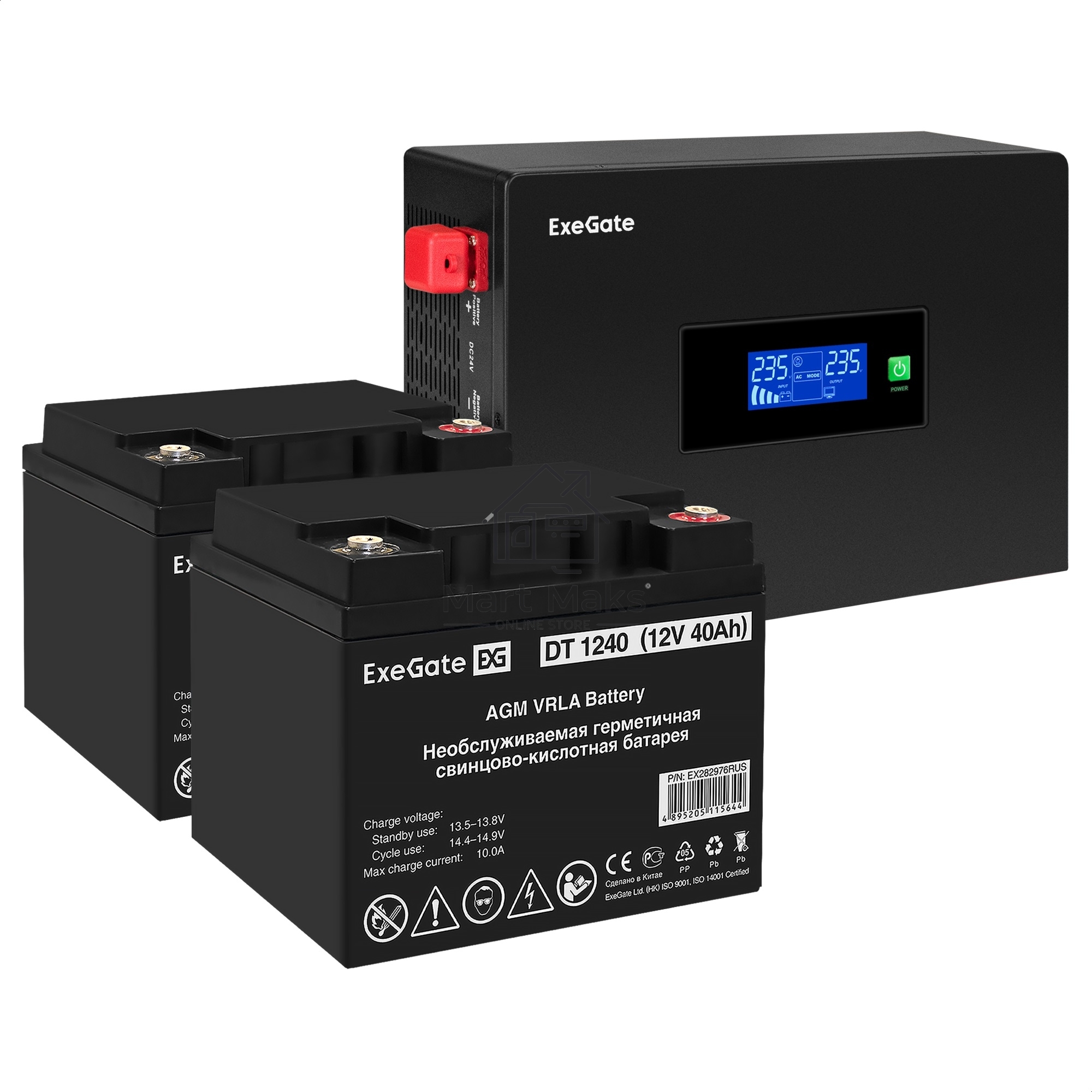 Комплект Источник бесперебойного питания EX295994RUS + батарея 40Aч EX282976RUS 2шт (инвертор, синус, для котла, PF=1, настенный) ExeGate IdealSine SR-1500.LCD.2SH  <1500VA/1500W, чистая синусоида, цветной LCD-дисплей, 2*Schuko, крепление настенное, Black