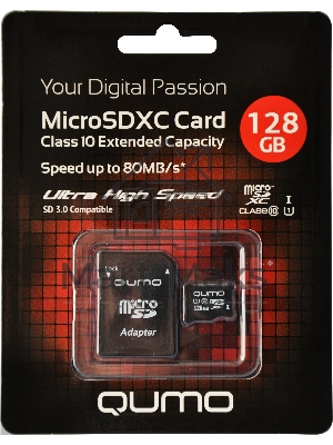 Флеш карта Micro SecureDigital 128Gb QUMO QM128GMICSDXC10U1 MicroSDXC Class 10 UHS-I, SD adapter
