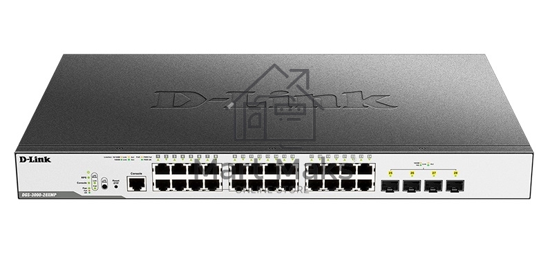 Коммутатор D-Link Switch DGS-3000-28XMP/B1A Управляемый коммутатор 2 уровня с 24 портами 10/100/1000Base-T и 4 портами 10GBase-X SFP+ (24 порта с подд