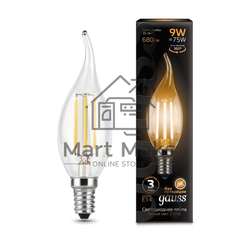 Лампа светодиодная Filament Свеча на ветру E14 9Вт 2700К GAUSS 104801109