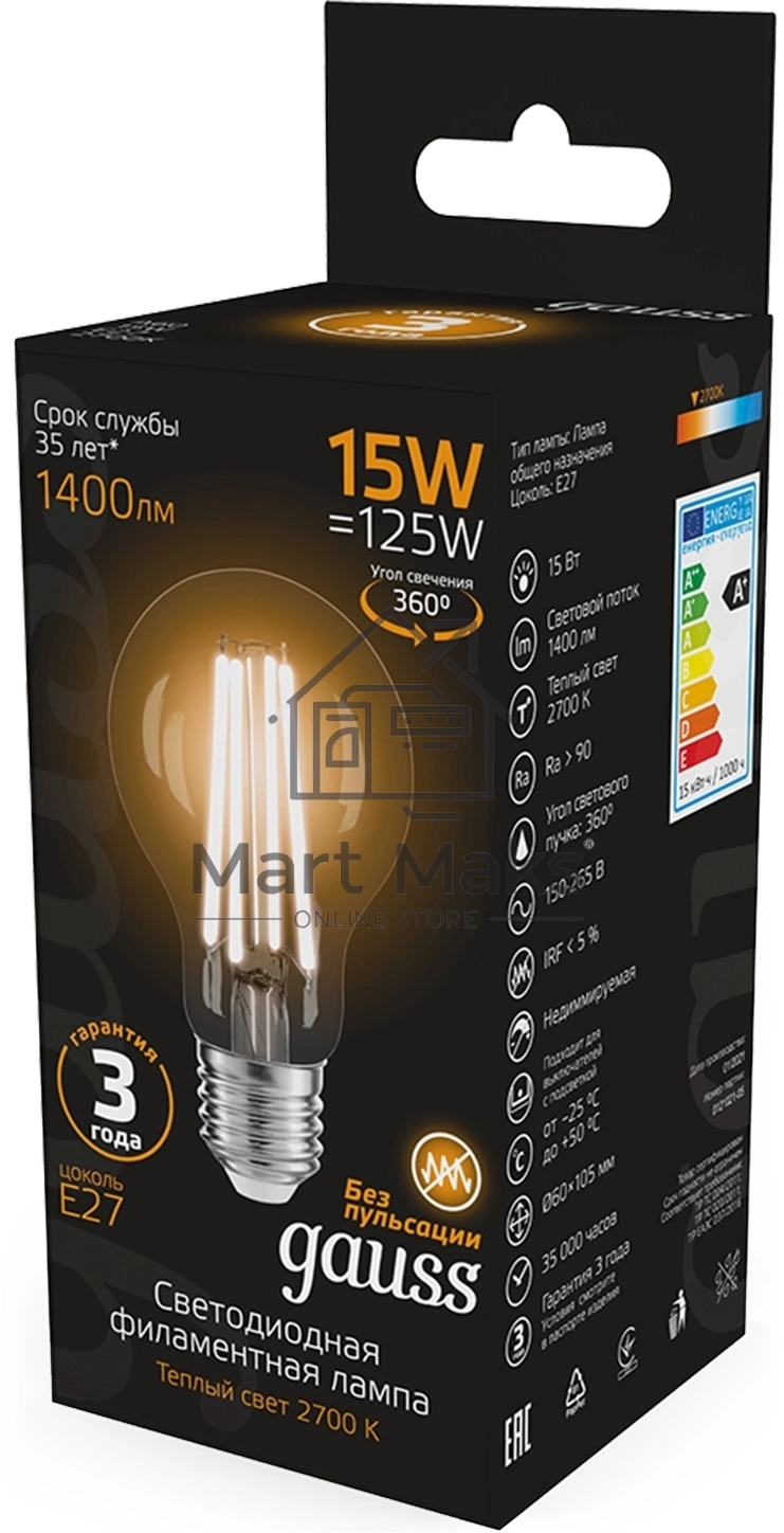 Лампа светодиодная Gauss Filament 102902115 15Вт цок.:E27 груша 220B св.свеч.бел.теп. (упак.:10шт)