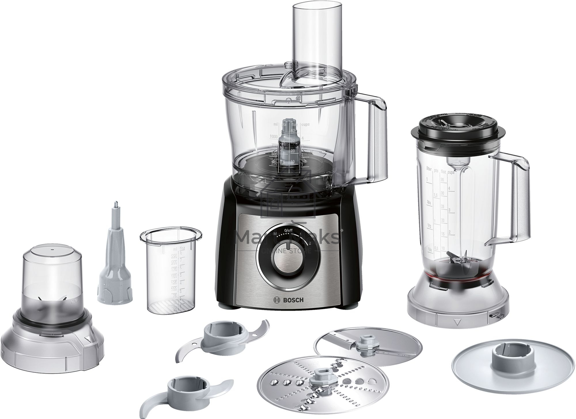 Кухонный комбайн Bosch MCM3501M 800 Вт, Скорости: 2, Блендер 1 л, Чаша 2.3 л, Цвет черны/серебристый