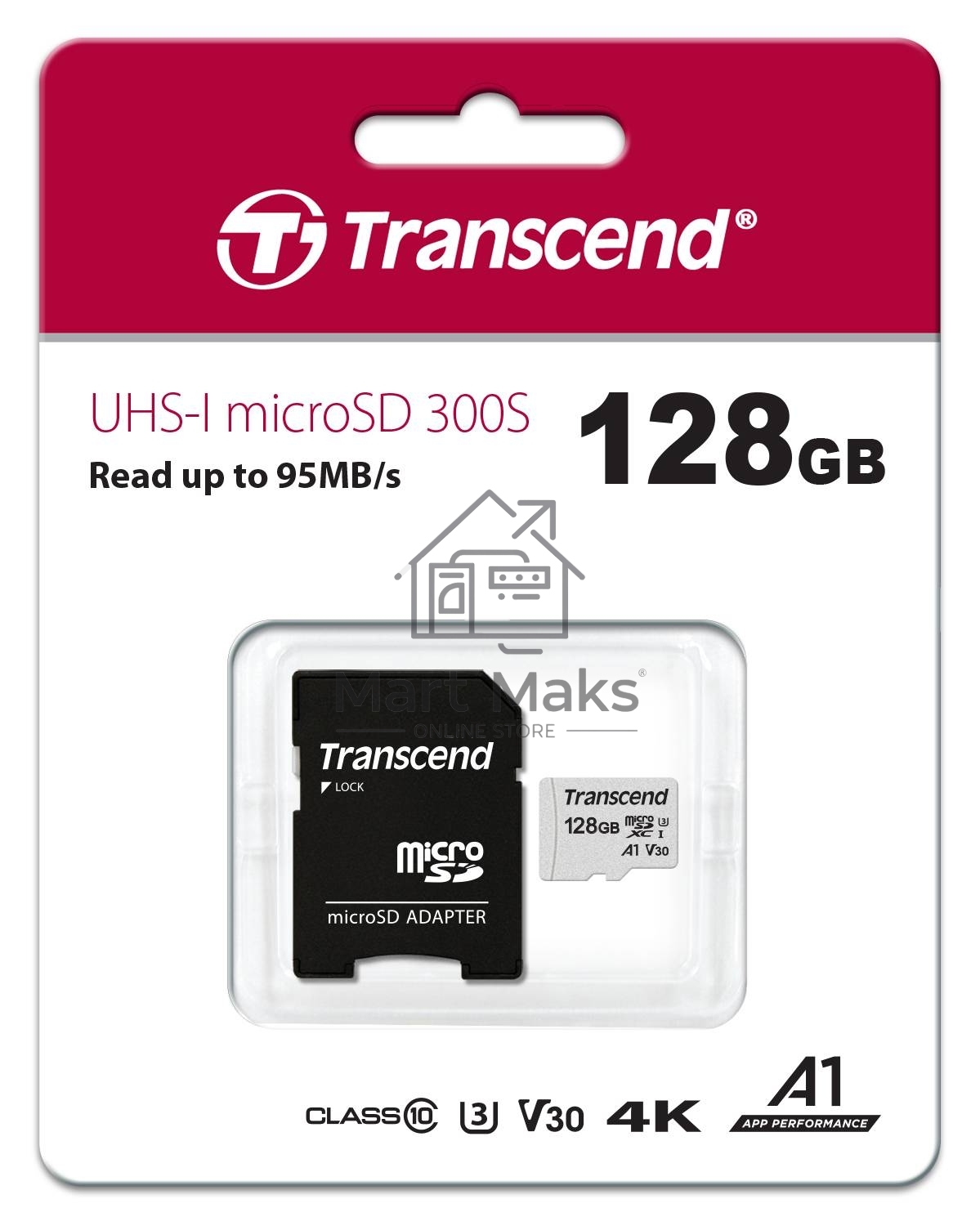 Флеш карта Transcend Micro SecureDigital 128Gb MicroSDXC Class 10 UHS-I U3, SD adapter(TS128GUSD300S-A)