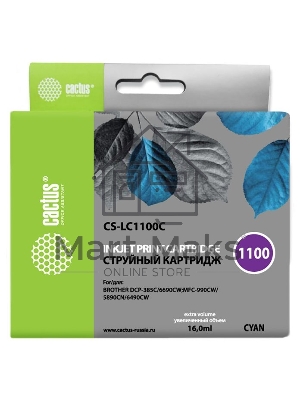 Картридж струйный Cactus CS-LC1100C голубой (16 мл) для Brother DCP-385c/6690cw/MFC-990/5890/5895/6490