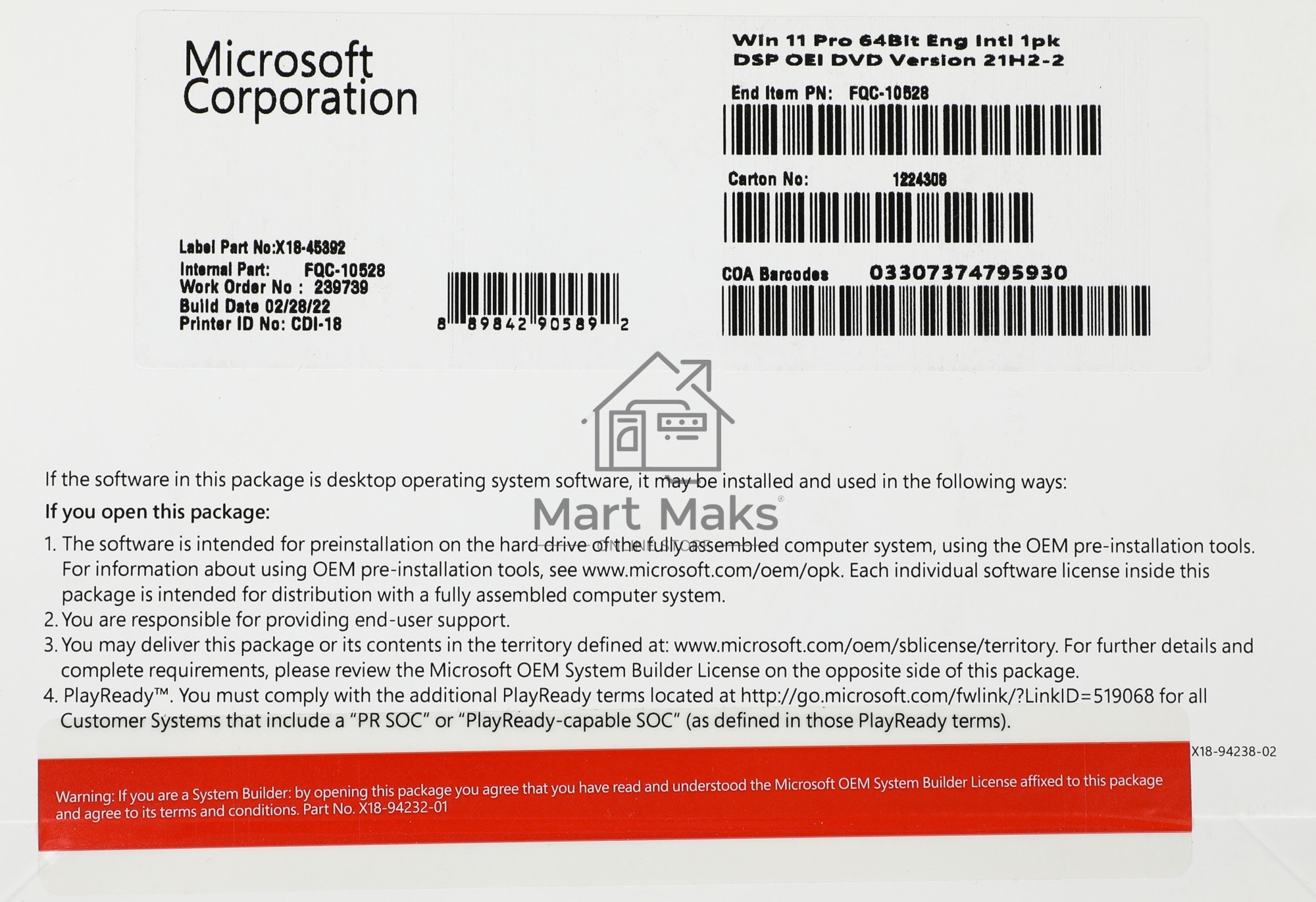 ПО OEM WIN 11 PRO 64B ENG 1PK FQC-10528 MS
