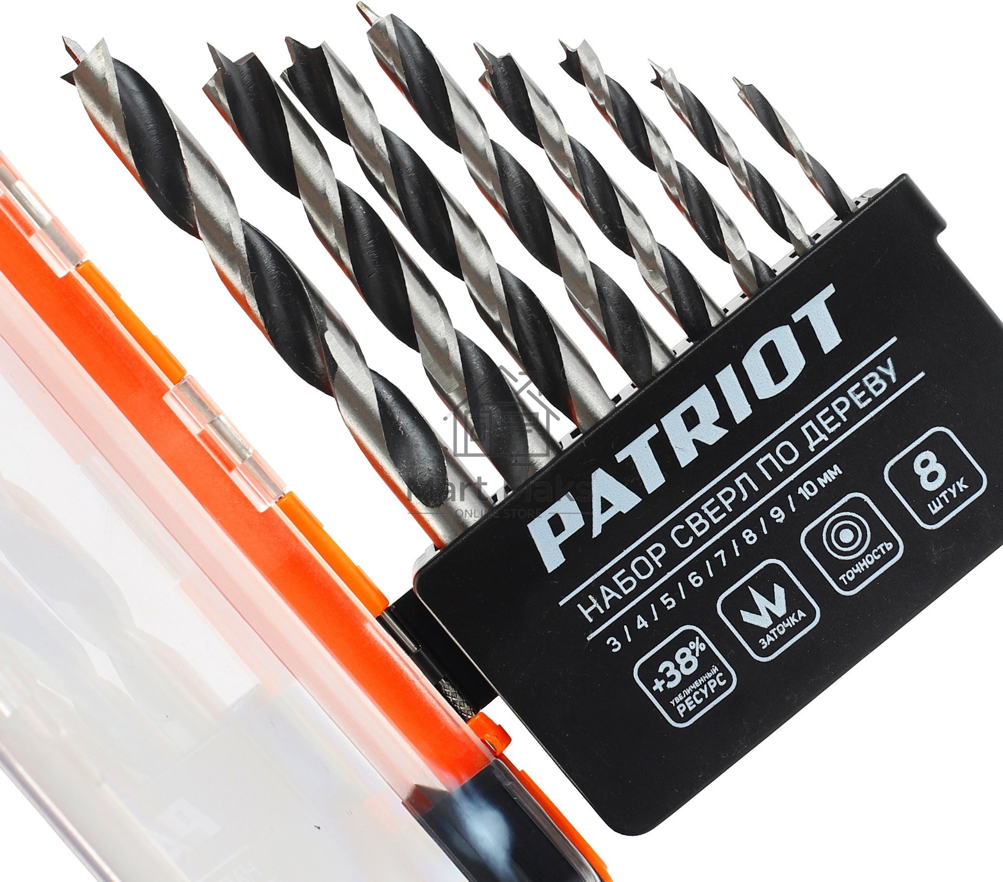 Набор сверл по дереву PATRIOT спиральные, W-образная заточка, 8 шт: 3, 4, 5, 6, 7, 8, 9, 10мм, в пластиковом боксе