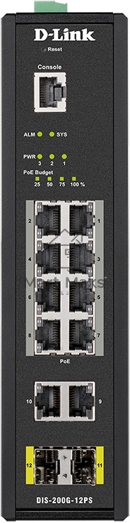 Промышленный управляемый коммутатор D-Link DIS-200G-12PS/A2A 2 уровня с 10 портами 10/100/1000Base-T и 2 портами 1000Base-X SFP (8 портов с поддержкой PoE 802.3af/802.3at (30 Вт), PoE-бюджет до 240Вт)