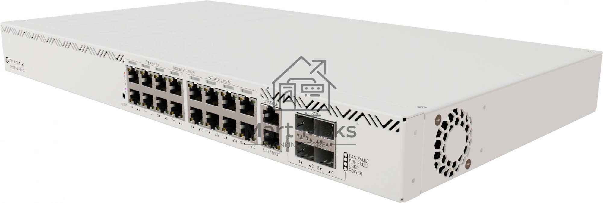 Коммутатор Mikrotik CRS320-8P-8B-4S+RM Cloud Router Switch with dual-core 800 MHz CPU, 256 MB RAM, 98DX226S switch chip, 17 x Gigabit Eth ports (8 x 802.3af/at, 8 x 802.3bt PoE-out), 4 x 10G SFP+ ports, RouterOS L5, 1U rackmount enclosure, 600W PSU