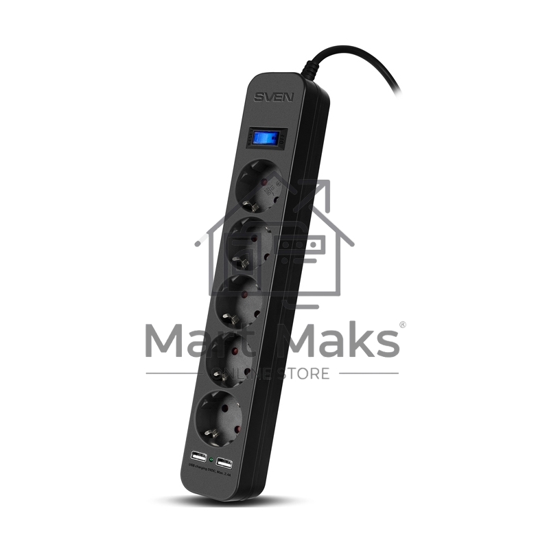 Фильтр SVEN SF-05LU 5.0 м (5 евро розеток,2*USB(2,4А)) черный, цветная коробка Surge protector SVEN SF-05LU 5.0 м (5 евро розеток,2*USB(2,4А)) черный, цветная коробка