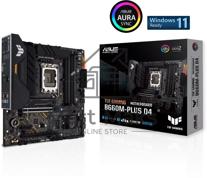Материнская плата Asus TUF GAMING B660M-PLUS D4, LGA1700, Intel B660, 4xDDR4, 4xSATA, 2xM.2, 1xPCIe 5.0 x16, 1xPCIe 3.0 x4, 1xPCIe 3.0 x1, 1xDP, 1xHDMI, 1x2.5Gb LAN, 1xUSB-C 20Gbps, 4xUSB-A 10Gbps, 1xUSB-A 5Gbps, 2xUSB-A 2.0, 5x3.5 мм, 7.1, mATX