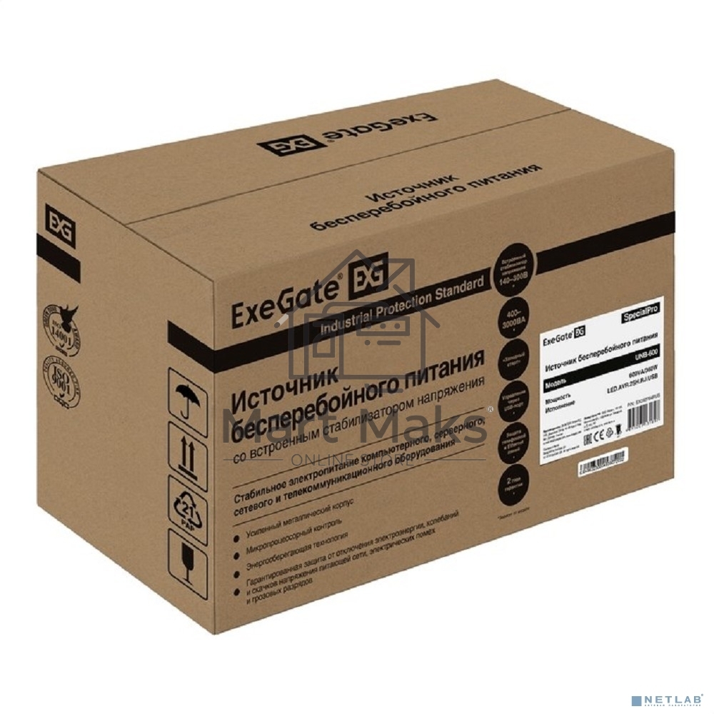 Источник бесперебойного питания ExeGate EX292764RUS SpecialPro UNB-600.LED.AVR.2SH.RJ.USB 600VA/360W, LED, AVR, 2*Schuko, RJ45/11, USB, черный