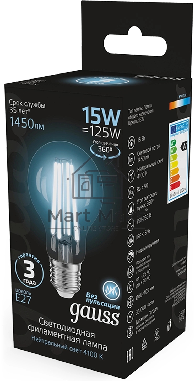 Лампа светодиодная Gauss Filament 102902215 15Вт цок.:E27 груша 220B св.свеч.бел.нейт. (упак.:10шт)