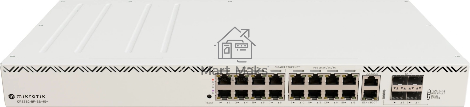 Коммутатор Mikrotik CRS320-8P-8B-4S+RM Cloud Router Switch with dual-core 800 MHz CPU, 256 MB RAM, 98DX226S switch chip, 17 x Gigabit Eth ports (8 x 802.3af/at, 8 x 802.3bt PoE-out), 4 x 10G SFP+ ports, RouterOS L5, 1U rackmount enclosure, 600W PSU