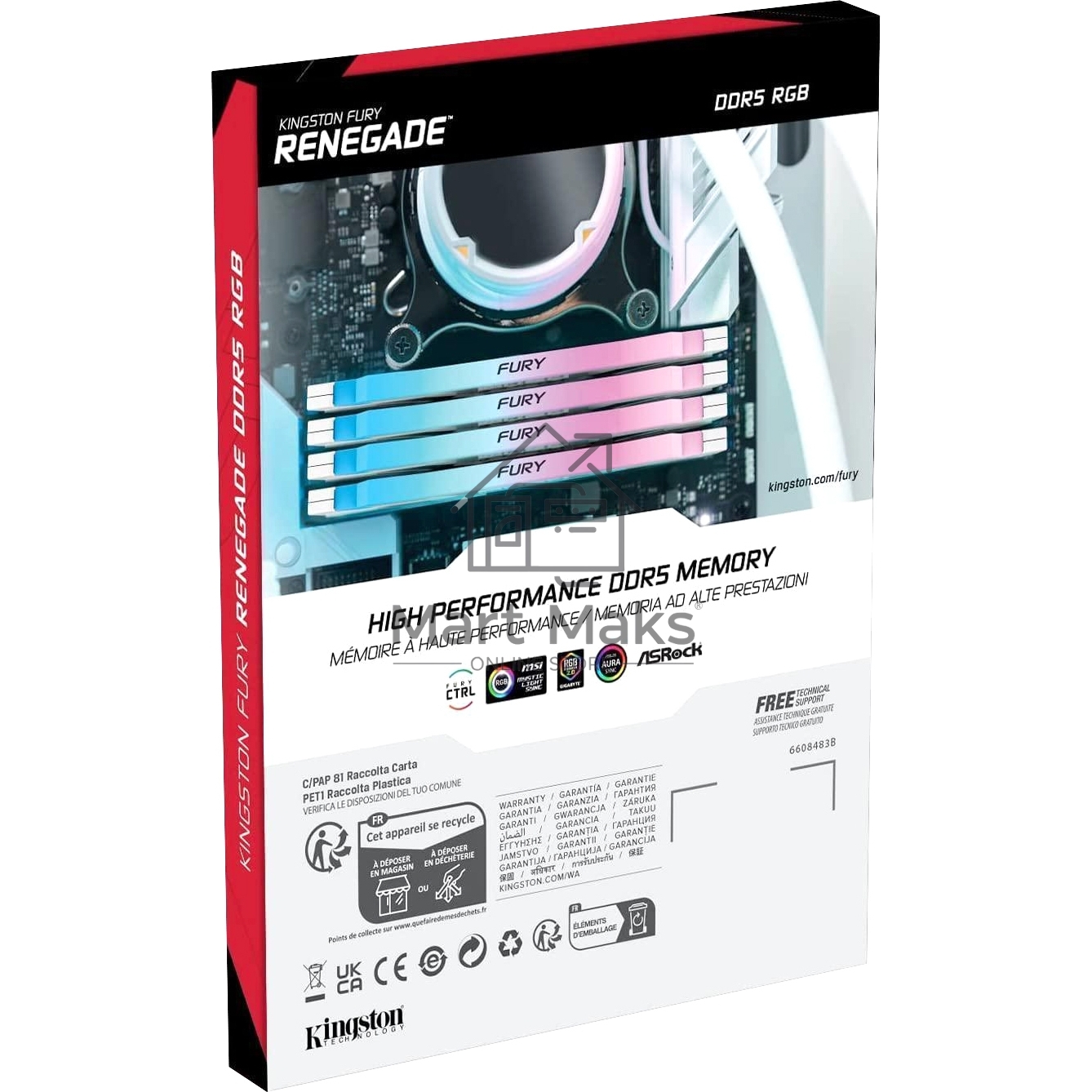 Оперативная память Kingston Fury Renegade, DDR5, 32GB (2x16GB), 7600MHz, CL38, DIMM, радиатор, RGB, белый