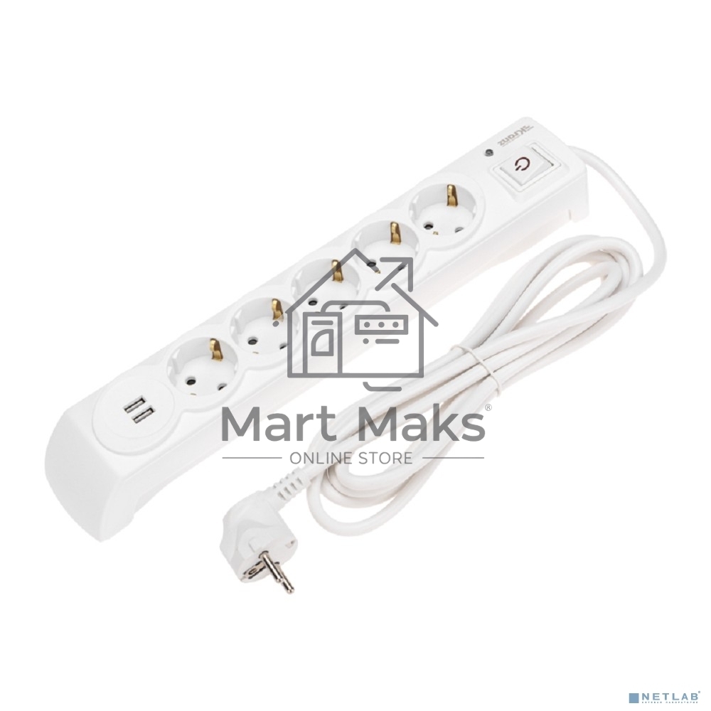 Сетевой фильтр 5 гнезд, 3м, 3х1,5мм², с автовыкл, 2 USB, белый KRANZ