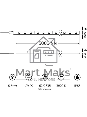 Лента светодиодная Basic в комплекте Gauss 12V 6W/m 600lm/m 3000K IP65 LED 5m 1/50