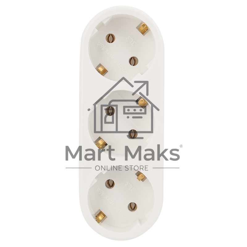 Тройник электрический линейный 16 А с заземлением белый Rexant