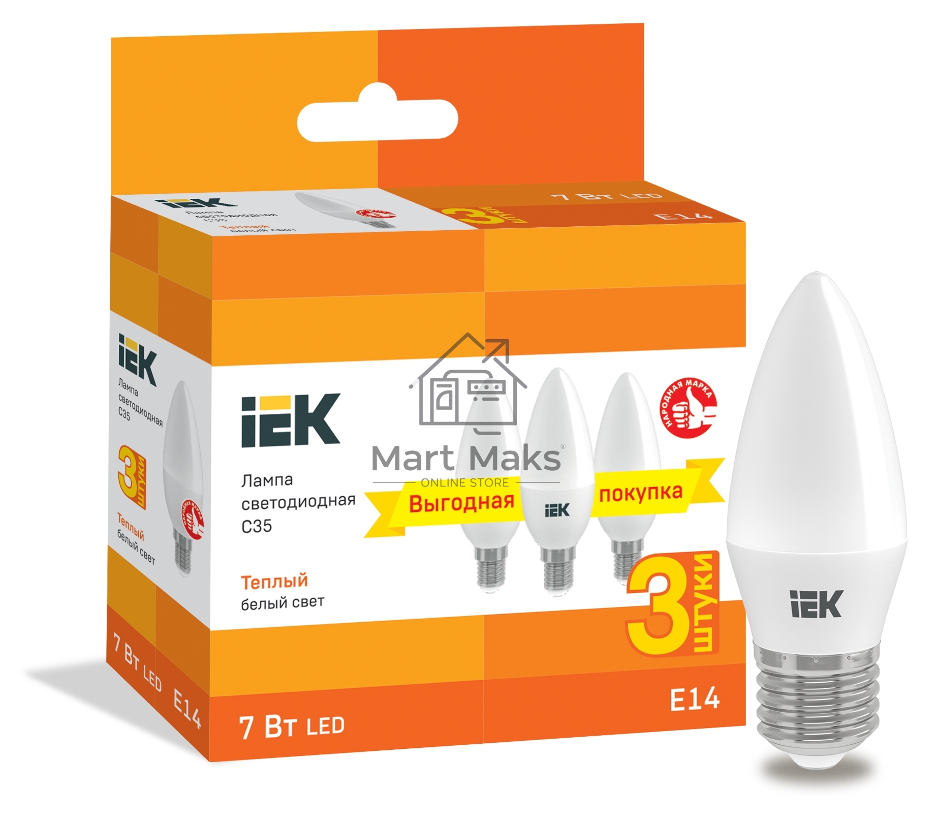 Лампа светодиодная Iek LLE-C35-07-230-30-E14-3 C35 свеча 7Вт 230В 3000К E14 (3шт/упак)