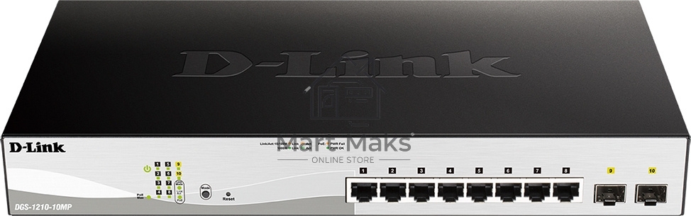 Коммутатор D-Link DGS-1210-10MP/F3A Smart L2 Switch 8х1000Base-T PoE, 2х1000Base-X SFP, PoE Budget 130W, Compact CLI