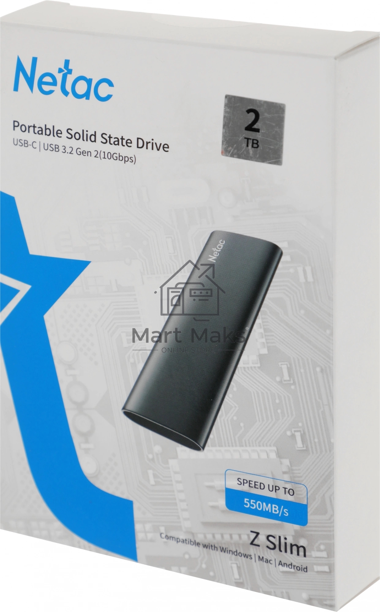Накопитель SSD External Netac 2.0Tb Z SLIM <NT01ZSLIM-002T-32BK> (USB3.2, up to 520/480MBs, 100х29.5х9mm, Black)
