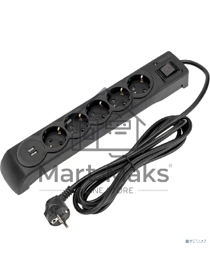 Сетевой фильтр Kranz 5 гнезд, 3м, 3х1,5мм², с автовыкл, 2 USB, черный