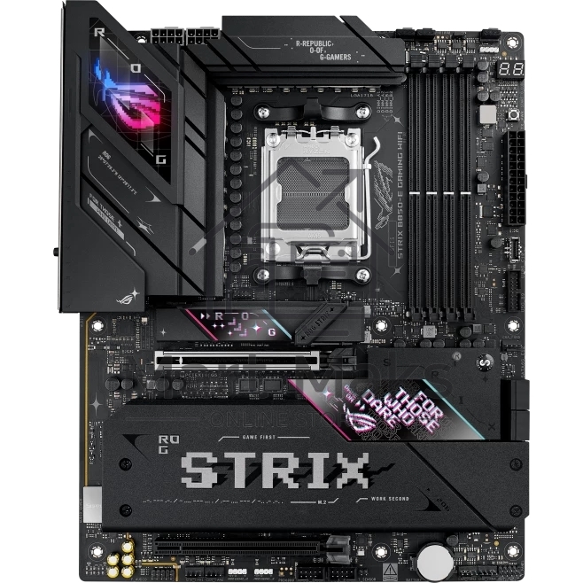 Материнская плата ASUS ROG STRIX B850-E GAMING WIFI, AM5, AMD B850, 4xDDR5, 4xSATA, 5xM.2, 1xPCI-E 5.0 x16, 1xPCI-E 4.0 x16, 1xRealtek 5Gb Ethernet, 1xUSB-C 4, 1xUSB-C 20Gbps, 6xUSB-A 10Gbps, 4xUSB-A 2.0, 3x3.5 мм, 7.1, ATX