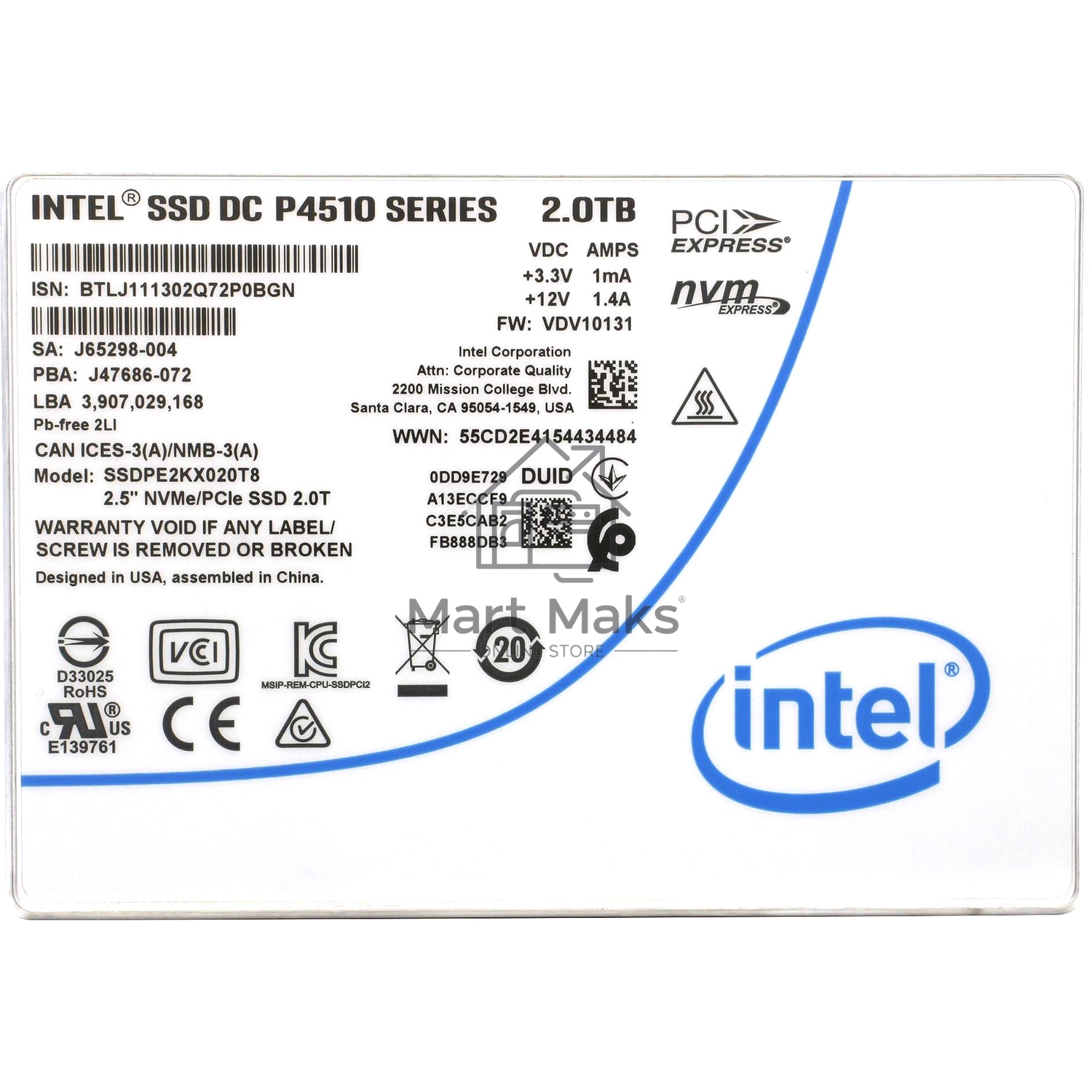 Накопитель SSD PCIE 2TB TLC DC P4510 SSDPE2KX020T801 INTEL