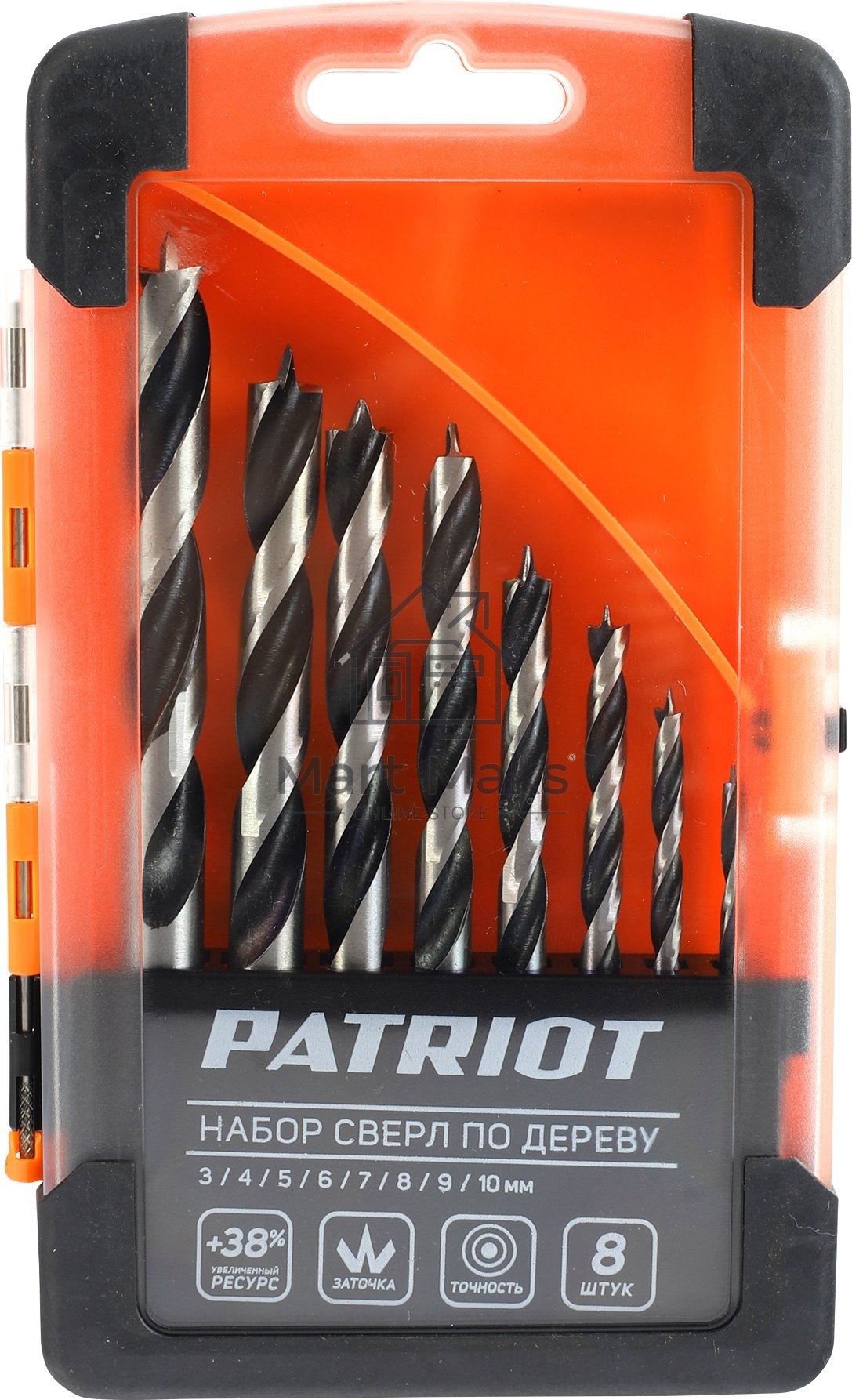 Набор сверл по дереву PATRIOT спиральные, W-образная заточка, 8 шт: 3, 4, 5, 6, 7, 8, 9, 10мм, в пластиковом боксе